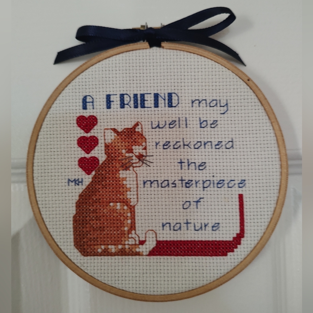 Cross Stitch Cat and Quote in Hoop
